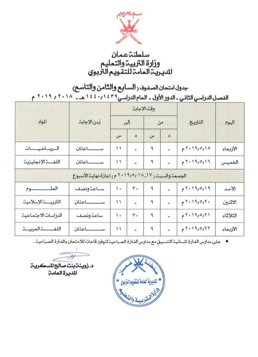 عمان : جداول امتحانات الصفوف ( 5 - 11 ) الفصل الدراسي الثاني 2019